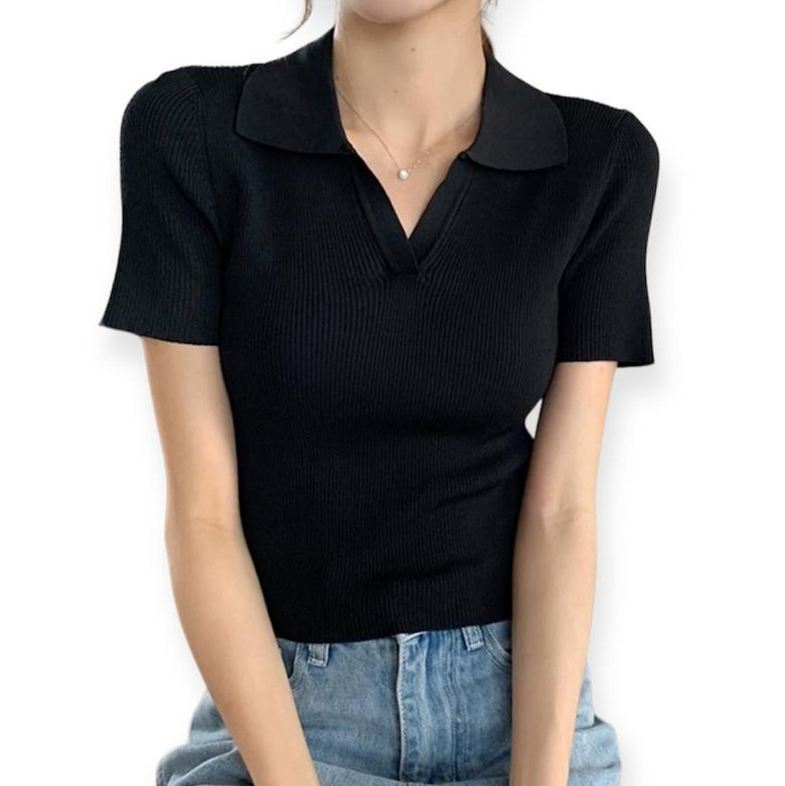 BLACK WAFFLE KNIT POLO