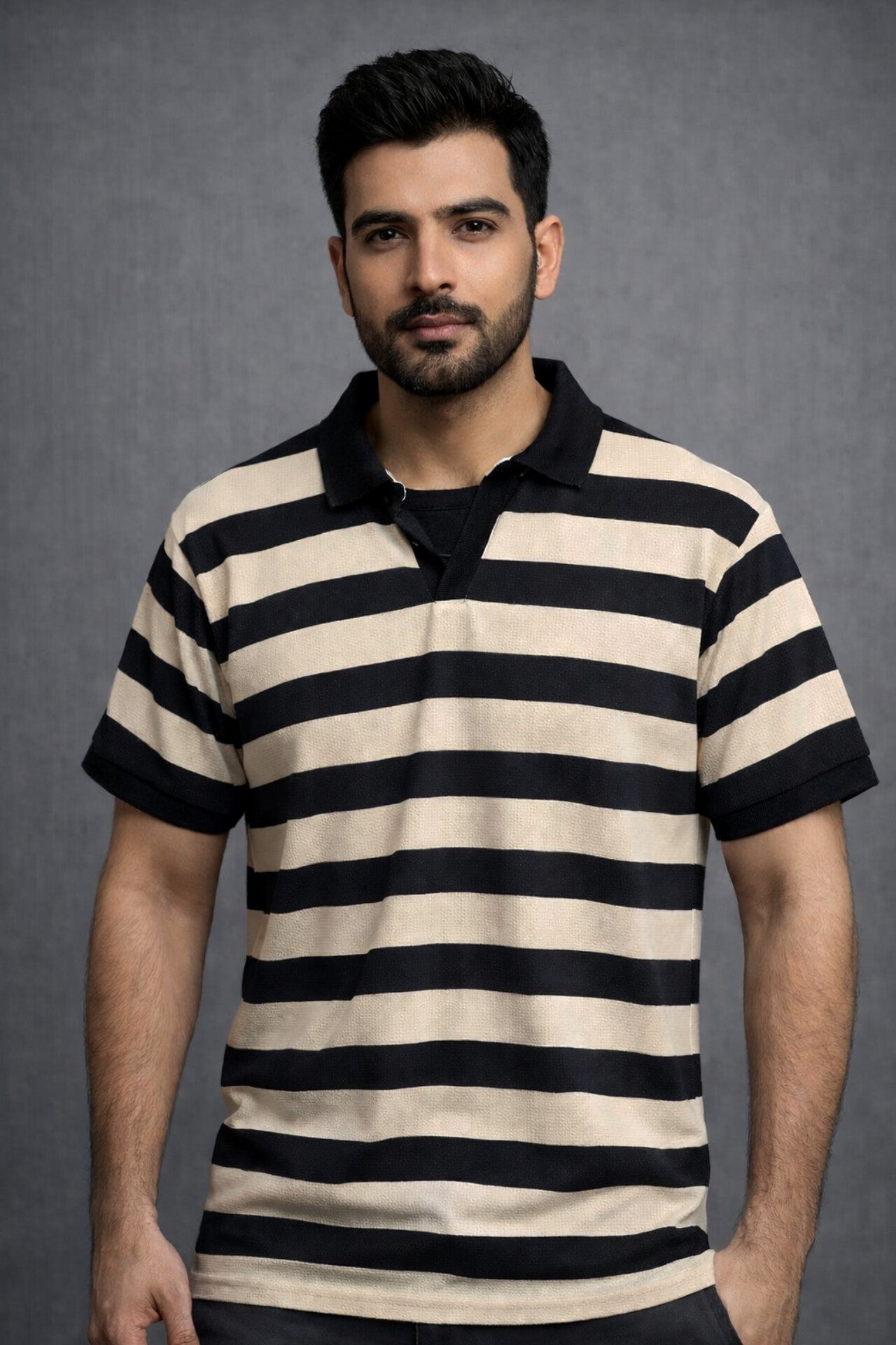 WAFFLE KNIT STRIPES POLO
